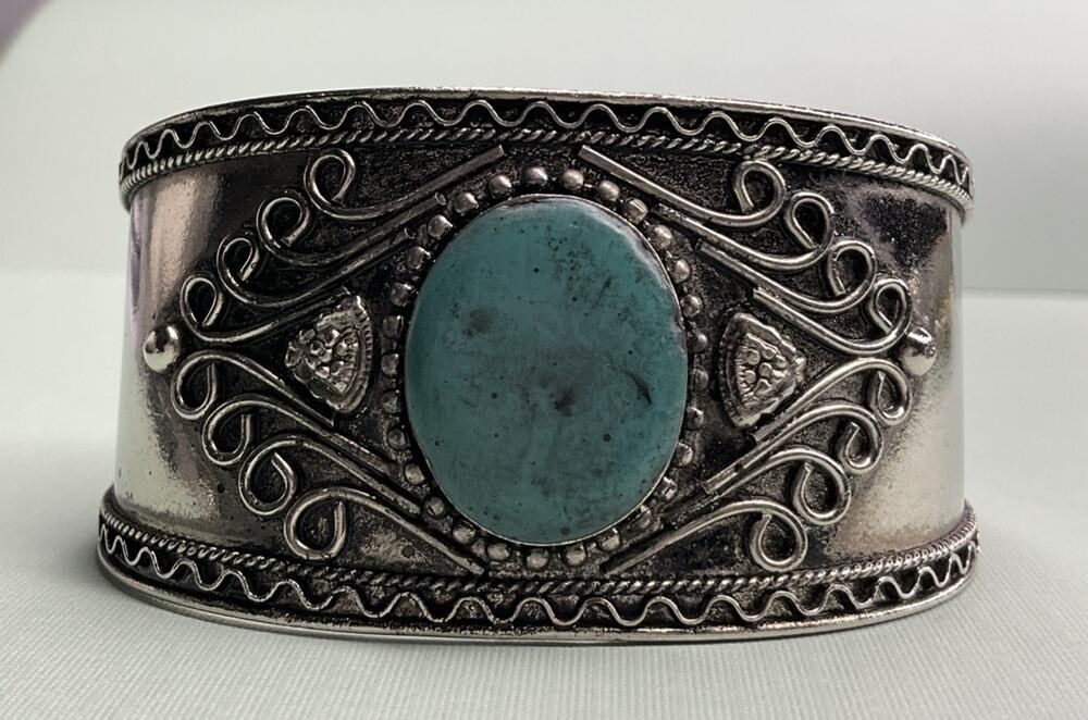 Sterling Silver Turquoise Cuff Bracelet 34g Wide Ornate Southwestern Style